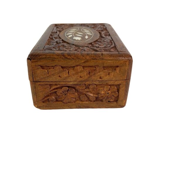 Vintage Wood Trinket Box Hand Carved Inlay Jewelry Box Storage - Picture 7 of 9